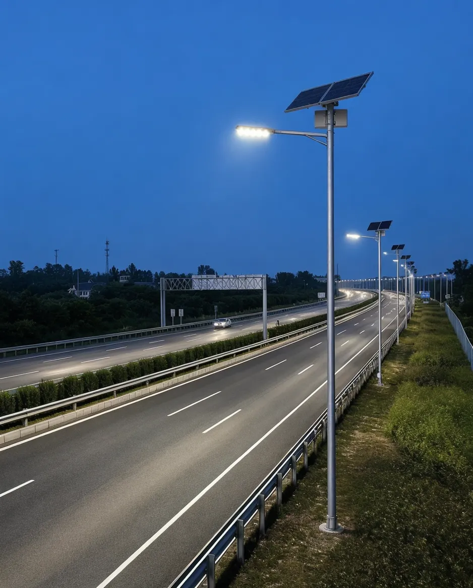 JXSOL solar highway light installed on an expressway at dusk, illuminating multiple lanes