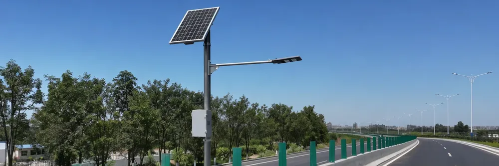 Split solar highway light configuration showing separate panel, battery enclosure, and LED fixture mounted on a highway pole