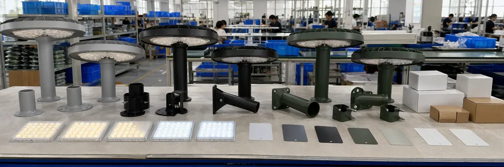 Custom solar park lighting configuration options including housing colors, CCT selection, and mounting types