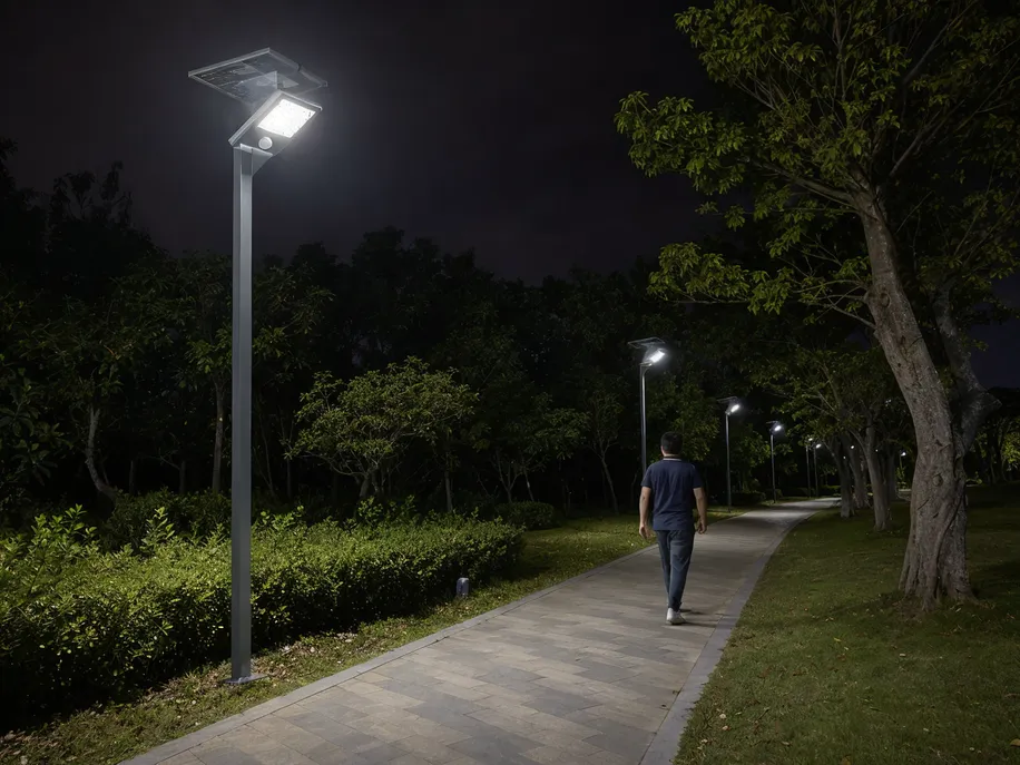 PIR motion sensor on solar park light fixture activating full brightness as pedestrian approaches pathway