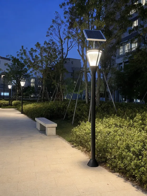 Solar park light at pedestrian scale on a campus walkway with warm white illumination
