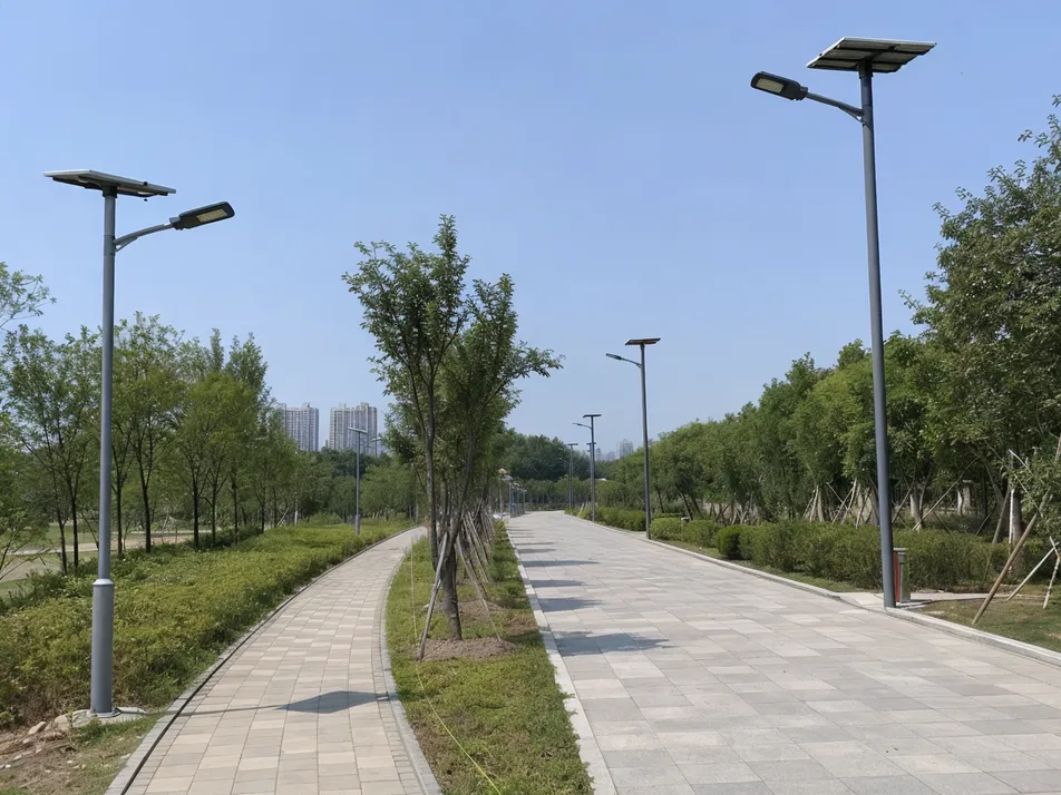 Solar park lighting pole height and pathway width configuration showing 3-meter and 5-6 meter installations