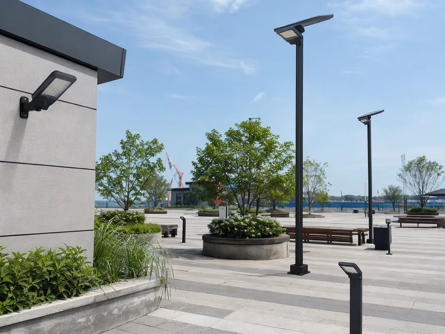 Solar park lighting fixtures in a public plaza with mixed pole and wall-mounted configurations
