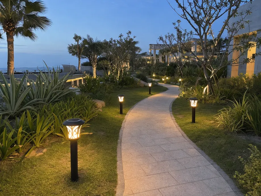 Decorative solar park lighting installed along a resort landscape pathway with warm white illumination