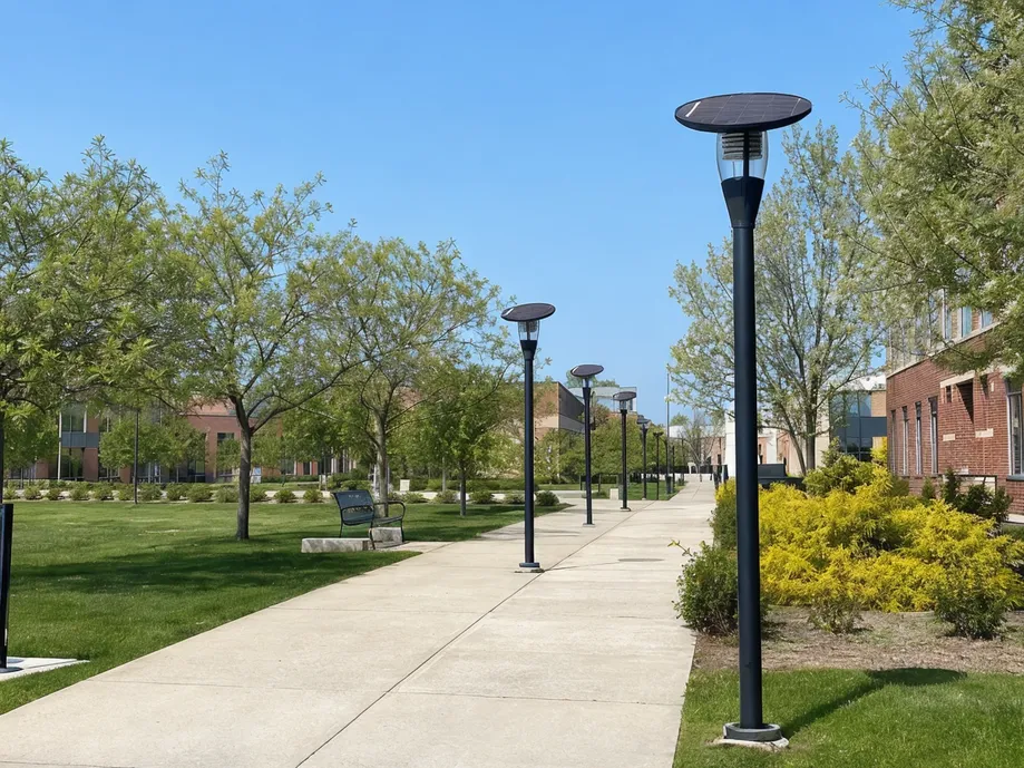 Solar park lighting fixtures across a university campus pathway with uniform aesthetic