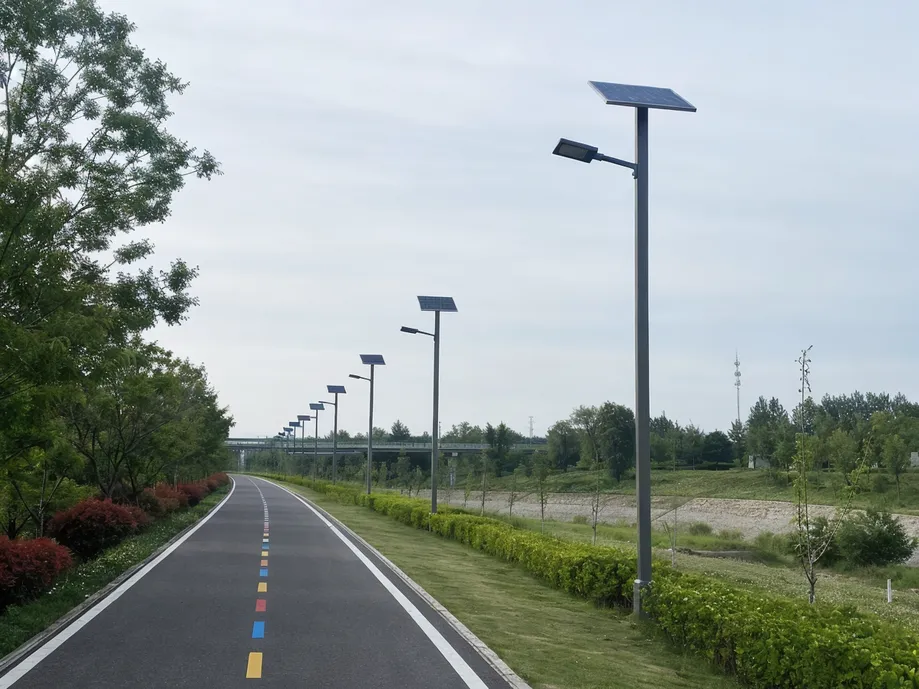 Solar park lights installed along a greenway cycling path with consistent pole spacing