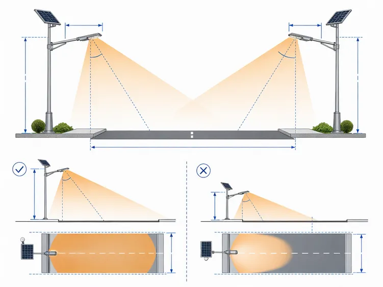 Diagram showing beam angle coverage relative to pole height and road width for solar road lights