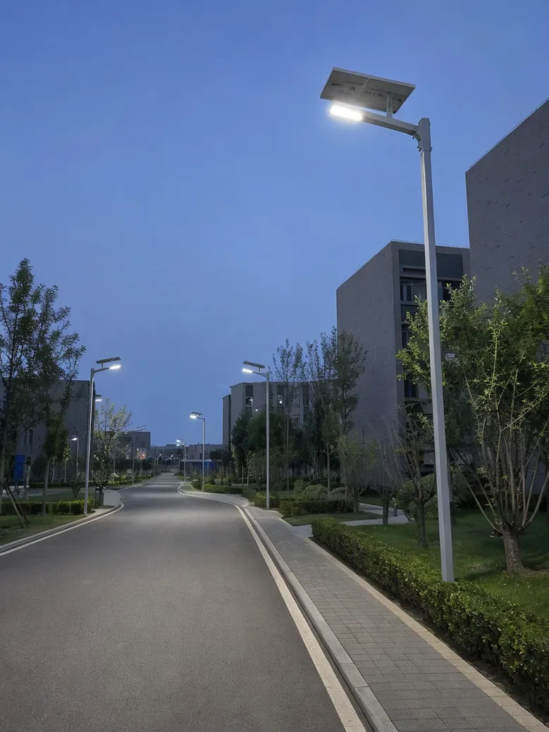 Solar road lights on a university campus private road network with dimming schedule capability
