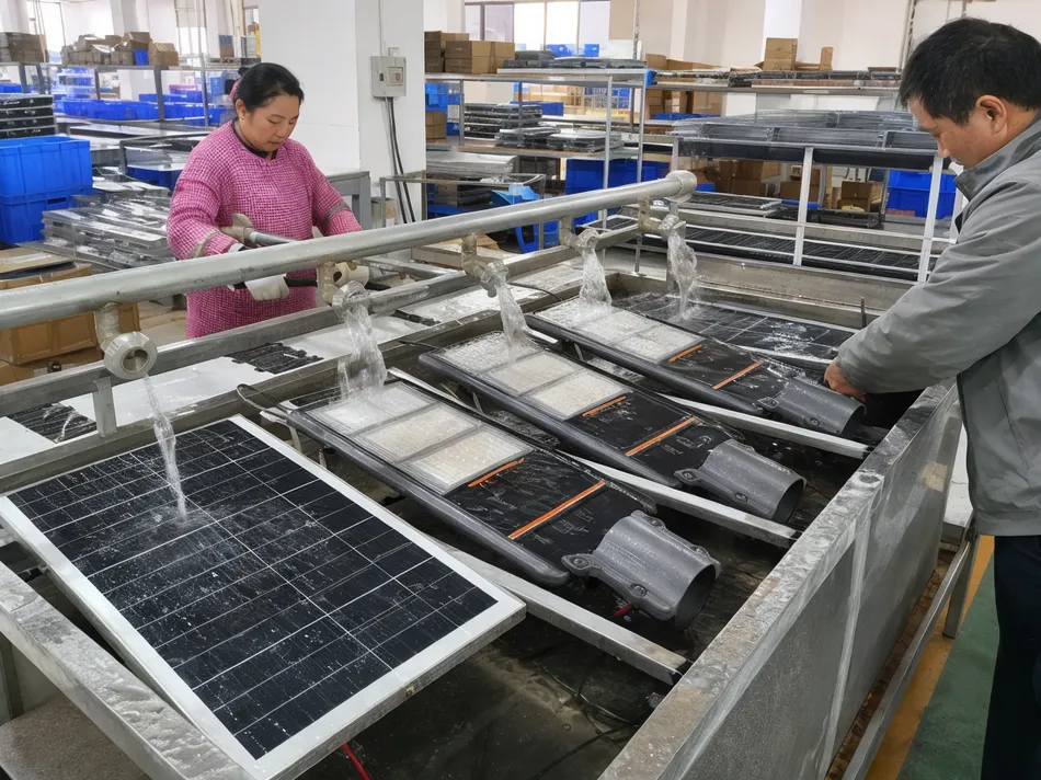 IP67 waterproof inspection equipment testing solar road light fixtures at JXSOL factory