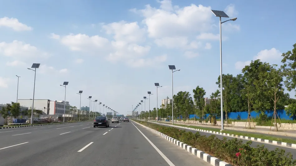 Municipal arterial road with solar road lights installed along a multi-lane collector road upgrade project