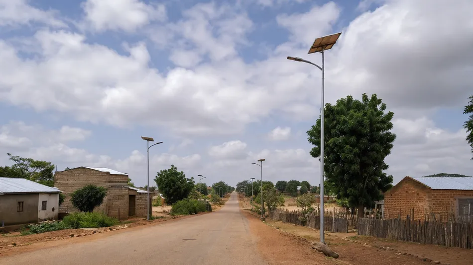 Rural off-grid road in Africa with solar road lights providing autonomous lighting along a village connector road