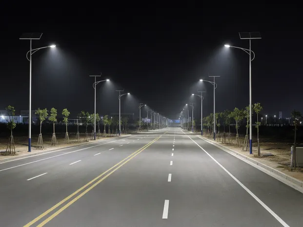 Solar road light illuminating a collector road at night showing beam coverage across lanes