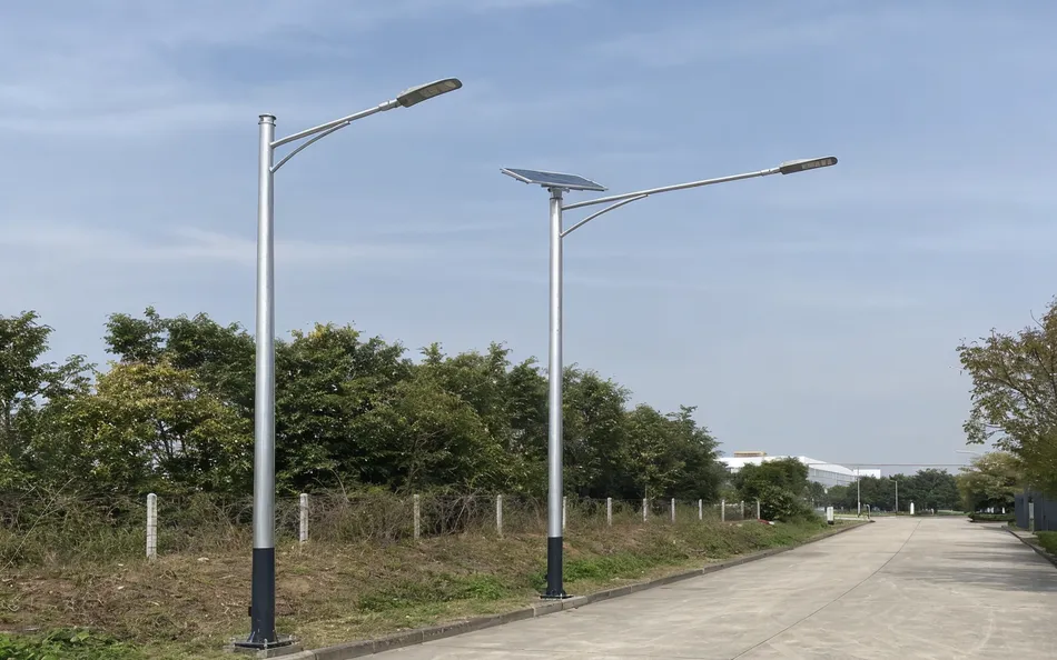Single-arm and double-arm pole configurations showing fixture overhang over road surface
