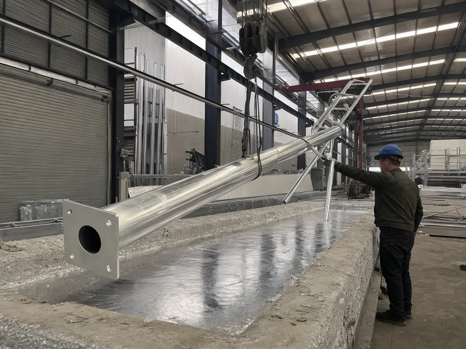 Solar street lighting pole being dipped in molten zinc bath during hot-dip galvanizing