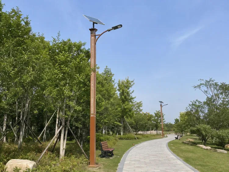 Decorative solar street lighting pole with warm finish installed along a park pathway