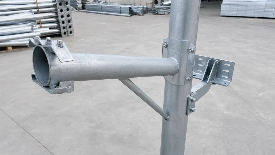 Solar street lighting pole arm bracket showing fixture mounting collar and panel side-mount bracket