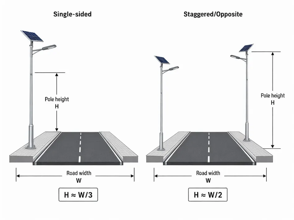 Diagram showing pole height relative to road width for single-sided and staggered installation