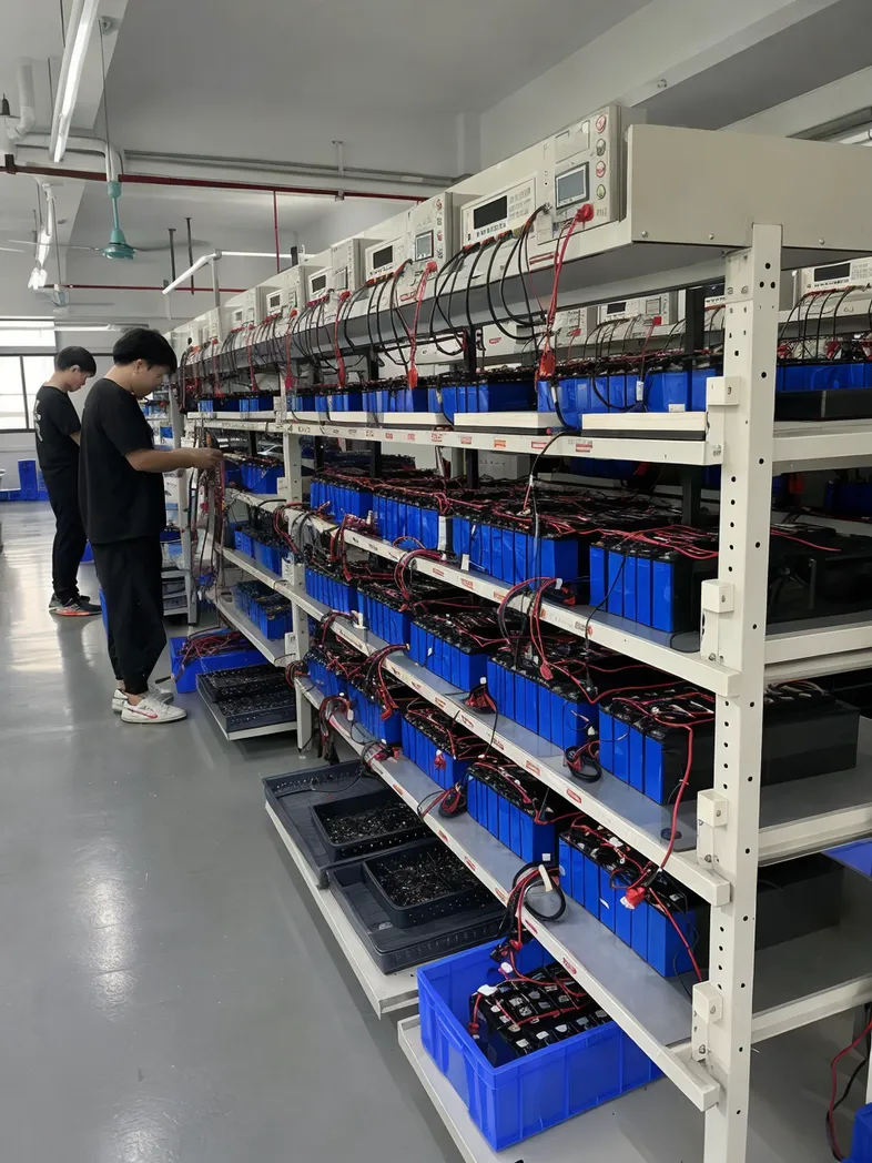 LiFePO4 battery cell matching and charge/discharge aging test racks at JXSOL production facility