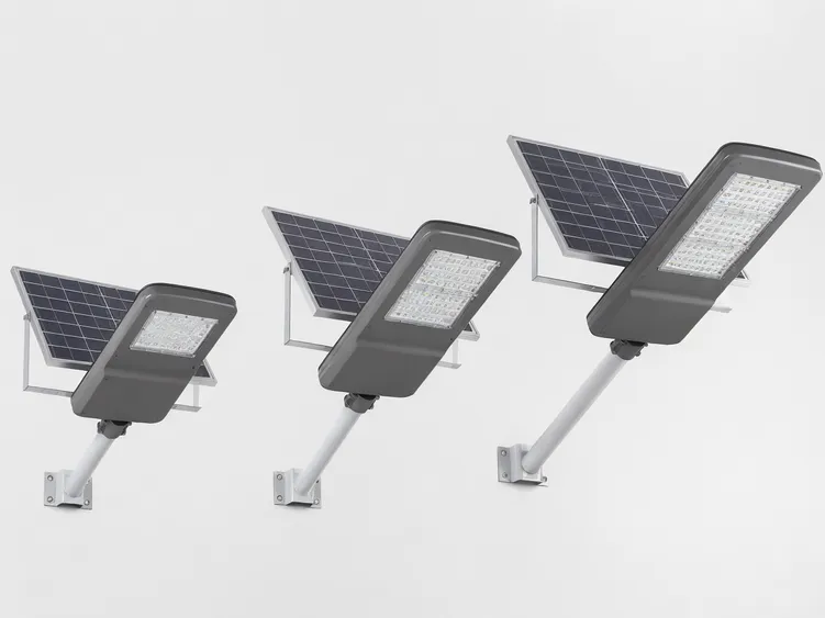 Solar street light SKU range for distributor catalog programs showing 60W, 100W, and 150W configurations