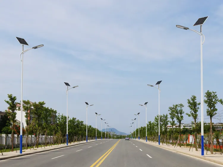 Municipal solar street lighting installation along a public road with uniform pole spacing