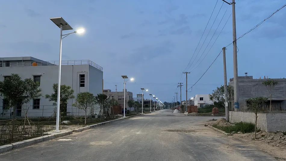 Solar street lights installed along a residential township road at dusk, illuminating a paved road section with consistent spacing