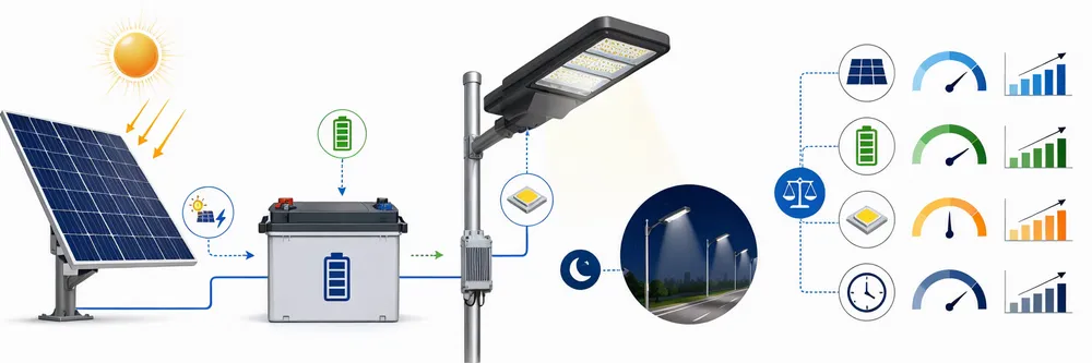 Solar street light system sizing diagram showing panel, battery, LED, and operating hours as interconnected variables
