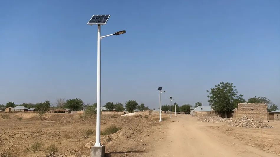 Solar street light on a rural unpaved road in an off-grid village setting with arid landscape