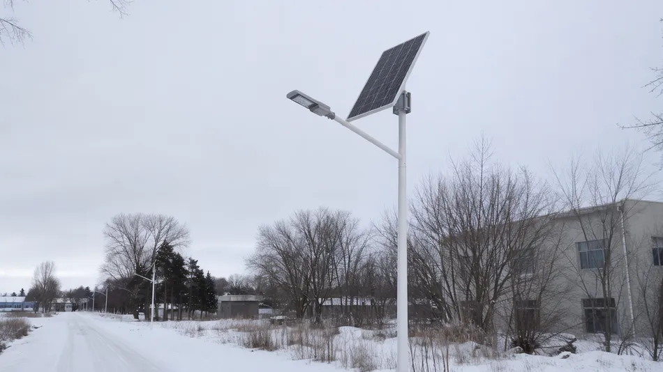 Split type solar street light installation in high-latitude northern climate with snow-covered landscape and tilted solar panel optimized for low winter sun angles