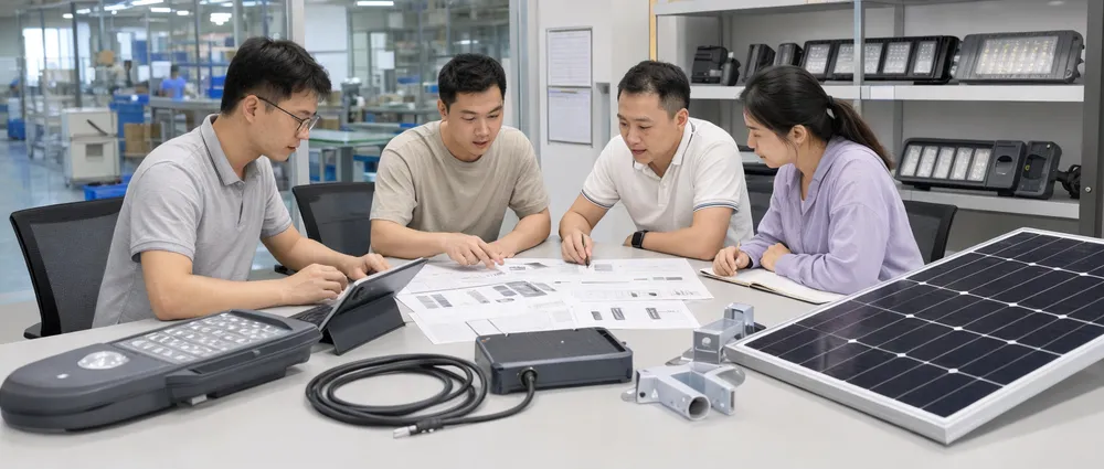 JXSOL engineering team reviewing OEM/ODM split solar street light configuration with panel and battery sizing documentation