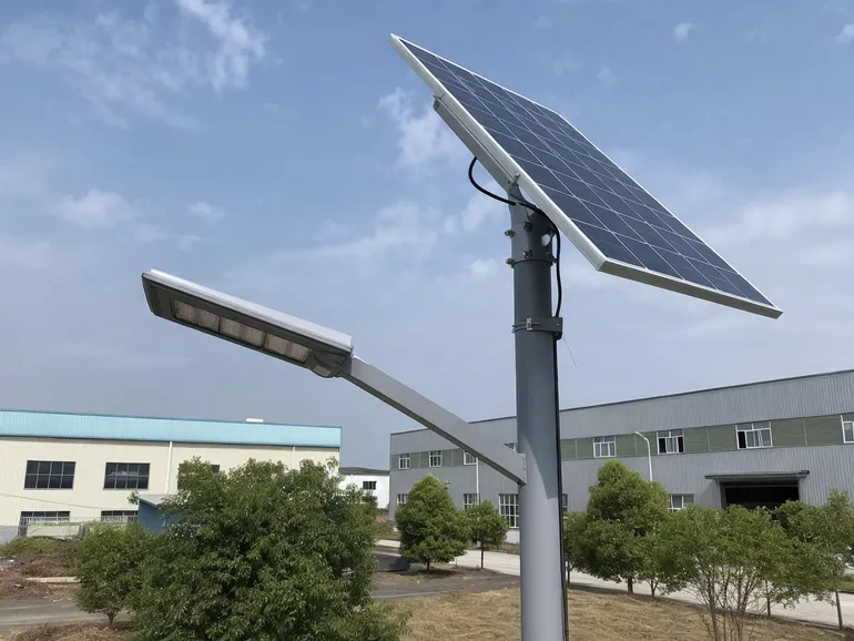 Split solar street light showing independent panel tilt angle optimized for latitude while fixture angle follows road geometry