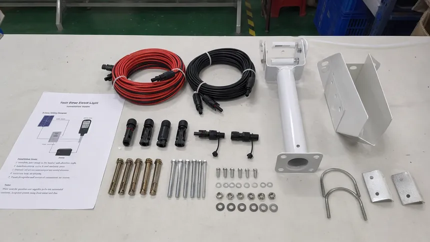 Complete accessory pack for split solar street light installation including cables, connectors, brackets, and fasteners