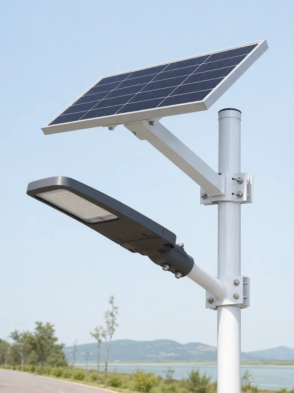 JXSOL split solar street light with separate monocrystalline panel mounted on pole arm above LED fixture
