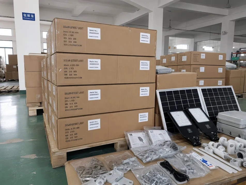 JXSOL split solar street light packing with labeled cartons showing batch codes, model numbers, and organized accessory packs