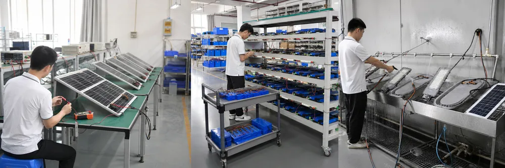 JXSOL split solar street light quality control inspection line showing panel testing, battery aging racks, and IP waterproof testing stations