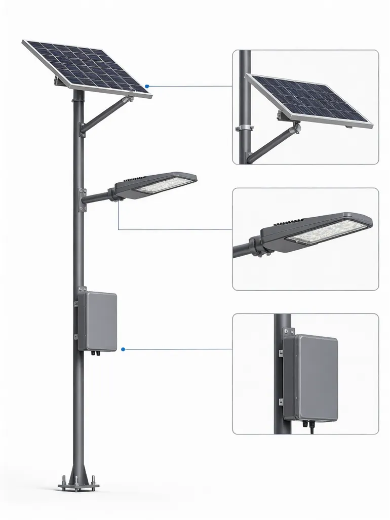 Diagram showing split solar street light architecture with separate panel on pole arm and battery box below fixture