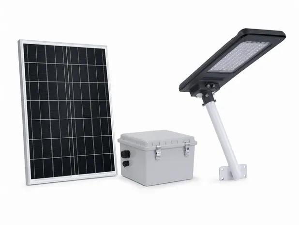 Split solar street light system showing separate panel, battery box, and LED fixture components