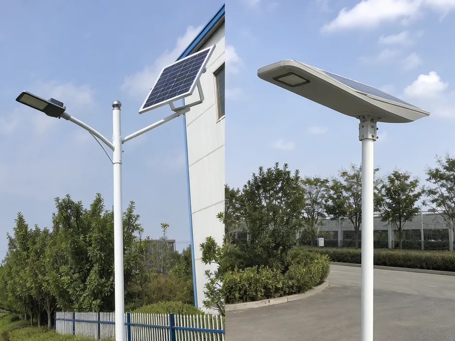 Split solar street light vs all-in-one solar street light comparison showing panel mounting flexibility