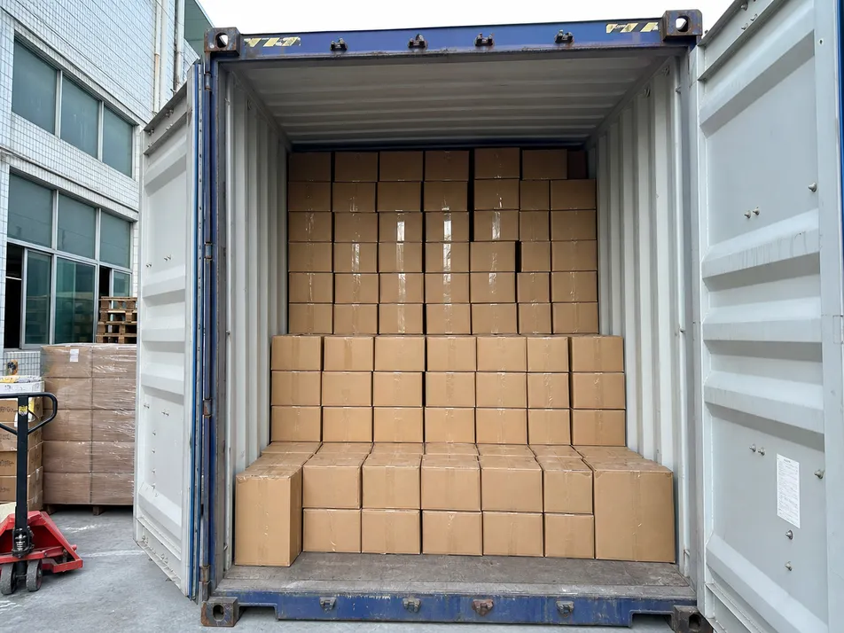 Solar wall light export cartons loaded in container with consistent carton dimensions for optimized container utilization