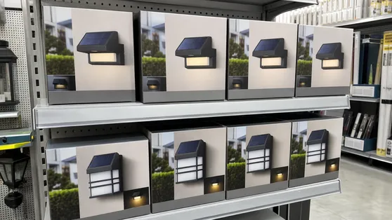 Solar porch lights in retail packaging for home improvement store shelf display