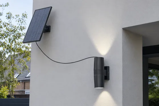 Solar wall lights with separate panel connected by cable for shaded installations