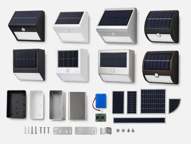 Solar wall light specification parameters overview showing housing materials and panel configurations