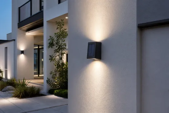 Dual-beam up-down solar wall lights for architectural facade illumination