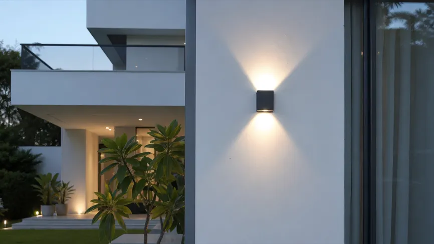 Up-down solar wall light creating dual-beam architectural lighting on a villa facade