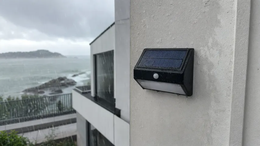 IP67-rated waterproof solar wall light installed on a coastal building facade exposed to driving rain