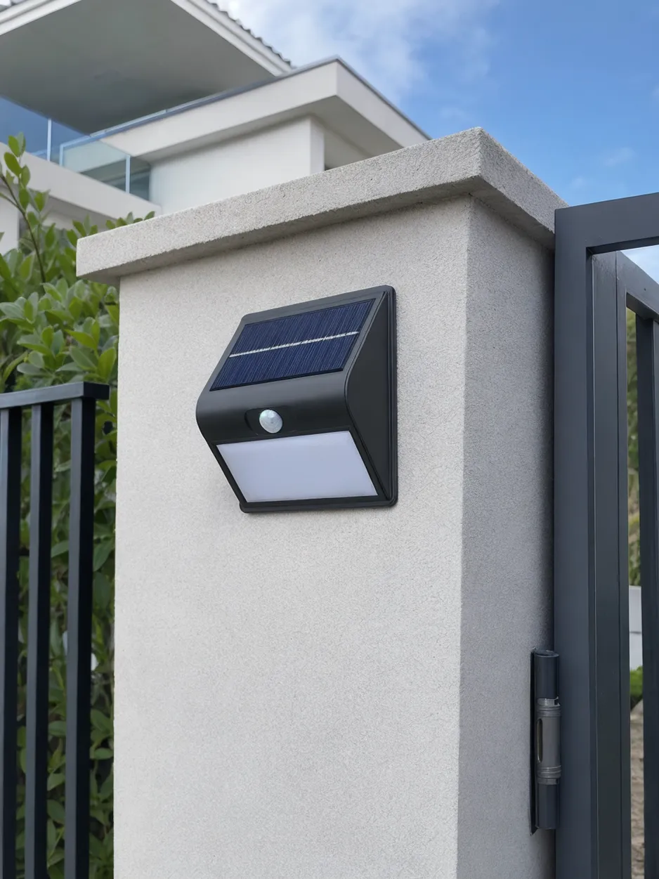 Motion sensor solar wall light with integrated PIR sensor and solar panel mounted on perimeter wall