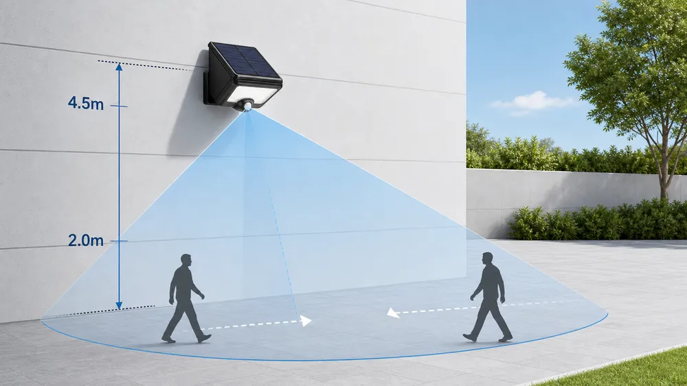 Diagram showing recommended 2.0–4.5 meter mounting height range for PIR solar wall lights with detection zone coverage