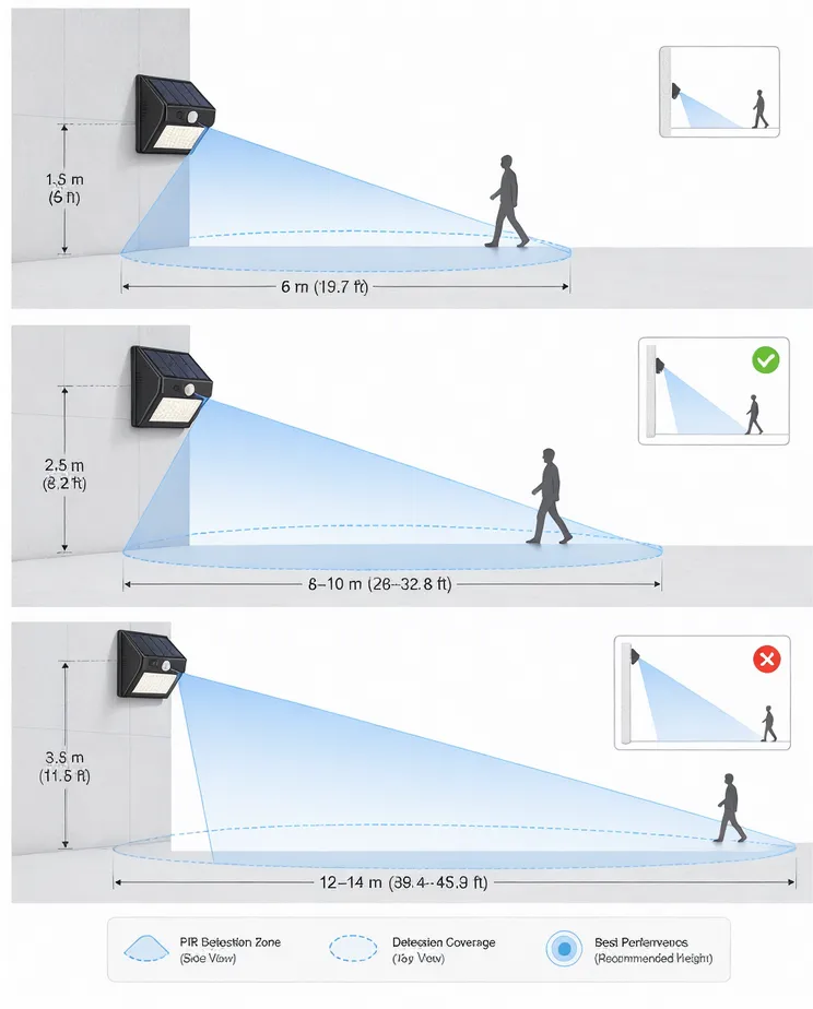 Diagram showing PIR sensor detection zone coverage at different mounting heights