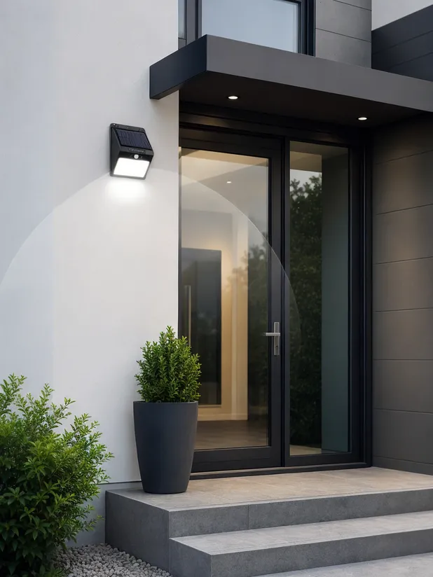 Motion sensor solar wall light installed at building entrance showing PIR detection zone