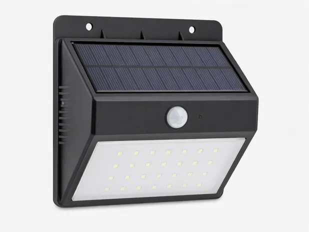 Motion sensor solar wall light showing PIR sensor and solar panel detail