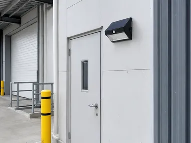 Solar motion sensor wall light at warehouse loading dock access point